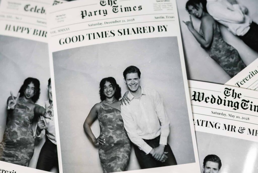 A lively Newspaper Booth experience at a corporate or party event with guests interacting.
