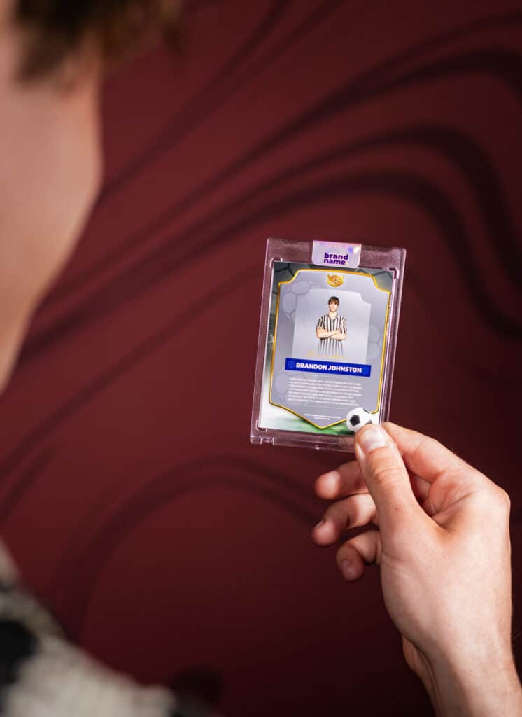 Corporate and party event photo featuring a custom trading card design.