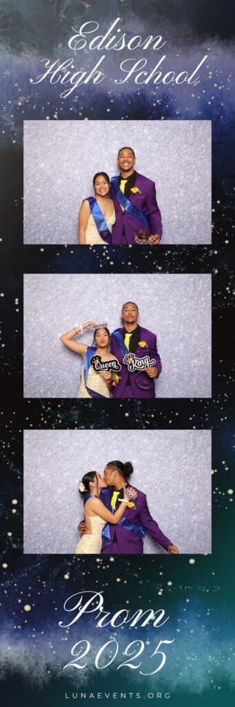 2x6 printed photo strip of prom king and queen with three fun poses captured at Luna Events Photo Booth in Stockton CA