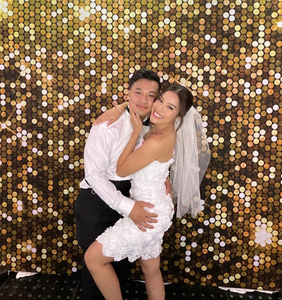 Newlyweds and guests captured in joyful moments at a wedding celebration.