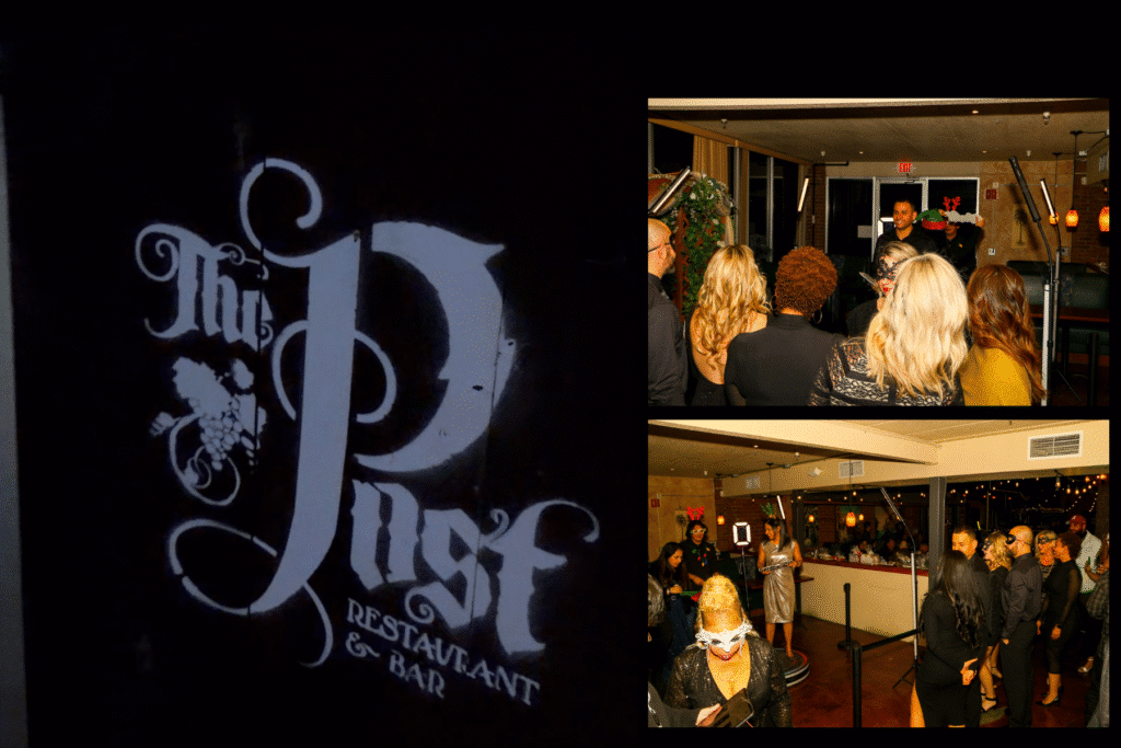 Guests gathered around a 360 video experience during a masquerade themed corporate holiday party at The Post Restaurant & Bar