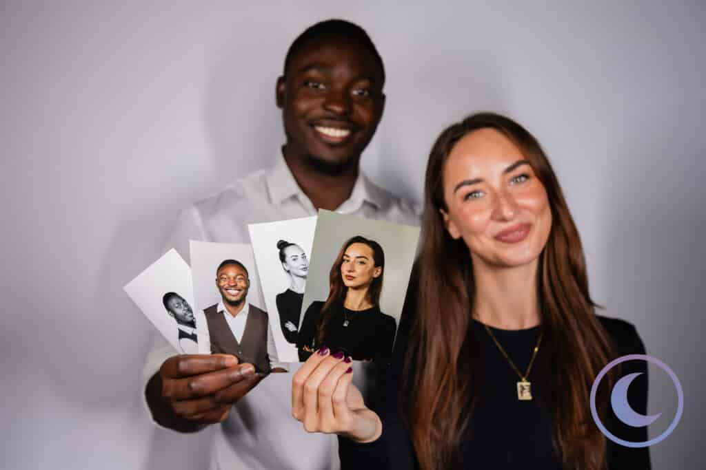 Two professionals holding printed portraits from Luna Events Headshot Booth showing color and black-and-white variations