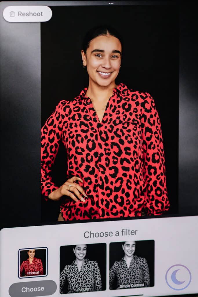 Photo booth interface showing filter options for professional portraits captured with Luna Events Headshot Booth