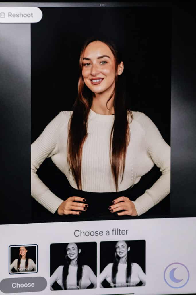 Woman selecting photo filter on headshot screen with Luna Events Headshot Booth