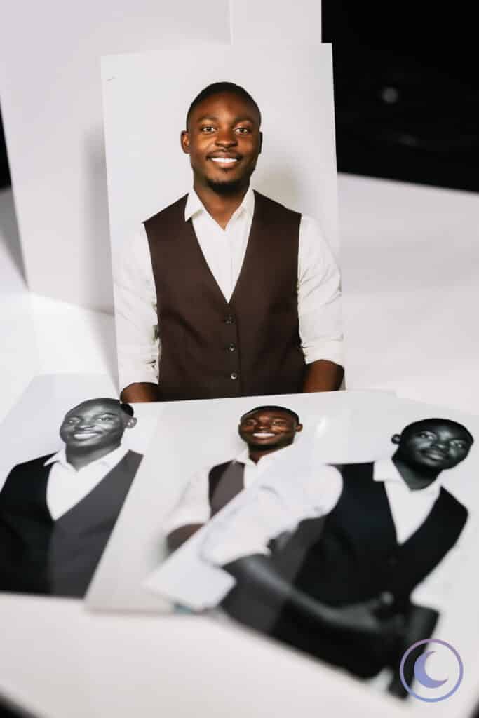 Printed color and black-and-white portraits of man taken at Luna Events Headshot Booth in Modesto CA