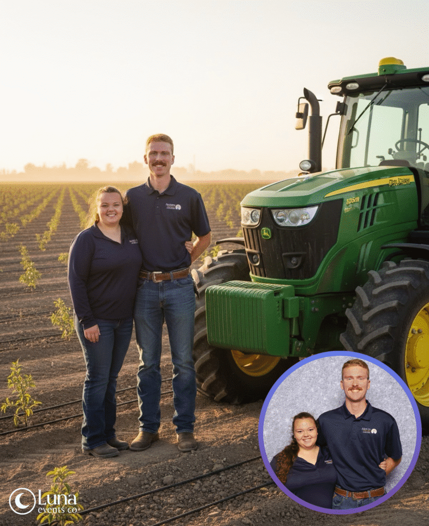 Merced College agriculture students transformed into field technicians standing next to a tractor using Luna Events AI Photo Booth.