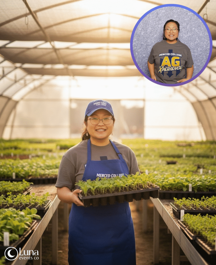Merced College agriculture coordinator transformed into a greenhouse environment using Luna Events Ai Photo Booth.