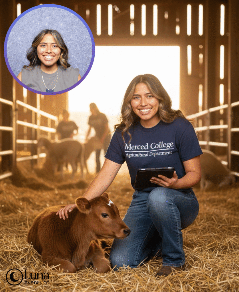 Merced College agriculture student tranformed into a barn evironment kneeling beside a baby cow using Luna Events AI Photo Booth.