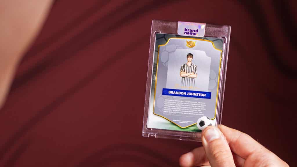 Corporate and party event photo featuring a custom trading card design.